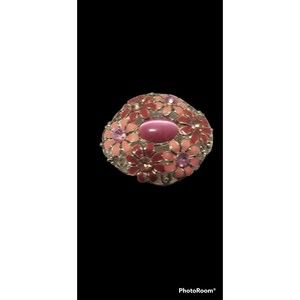 Domed Flower Pin Brooch Coral Brown and Pink Enamel with Rhinestones